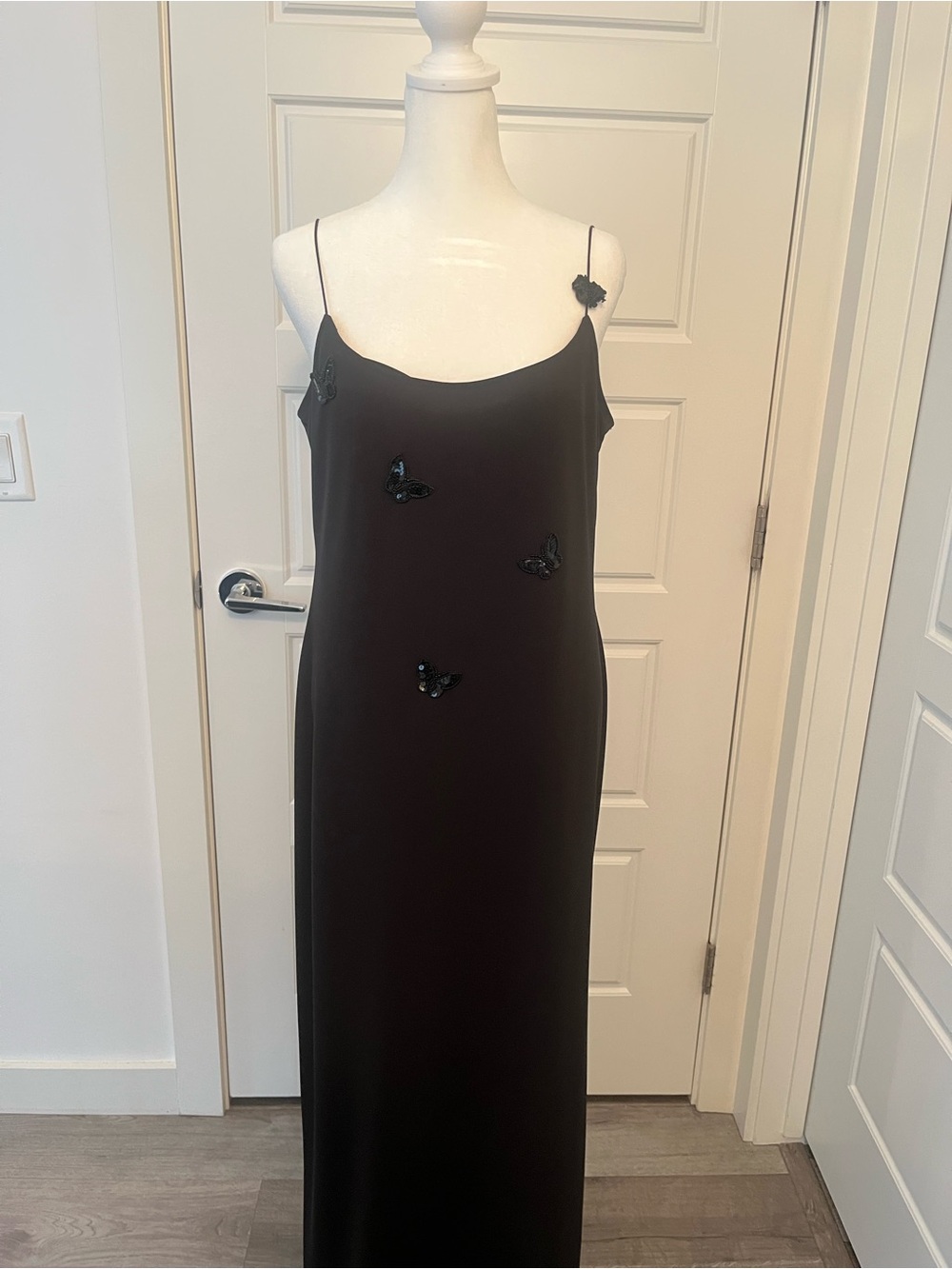 Vintage Black Slip Maxi Dress with Butterfly Appliqués